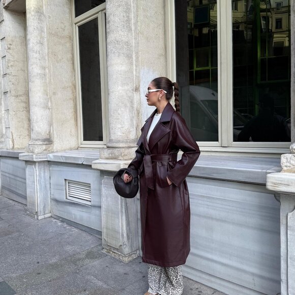 Burgundy Plato Faux Leather Buckle Trench Coat - Picture 10 of 11